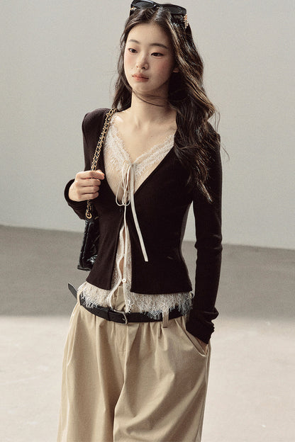 Layered-Look Lace Knit Top