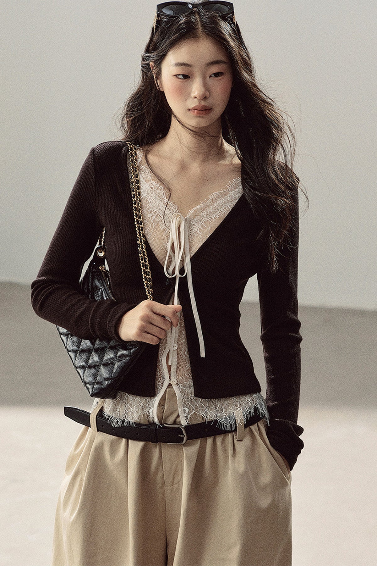 Layered-Look Lace Knit Top