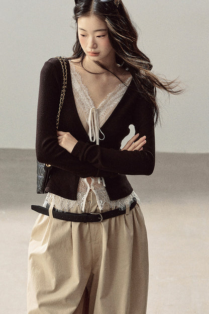 Layered-Look Lace Knit Top