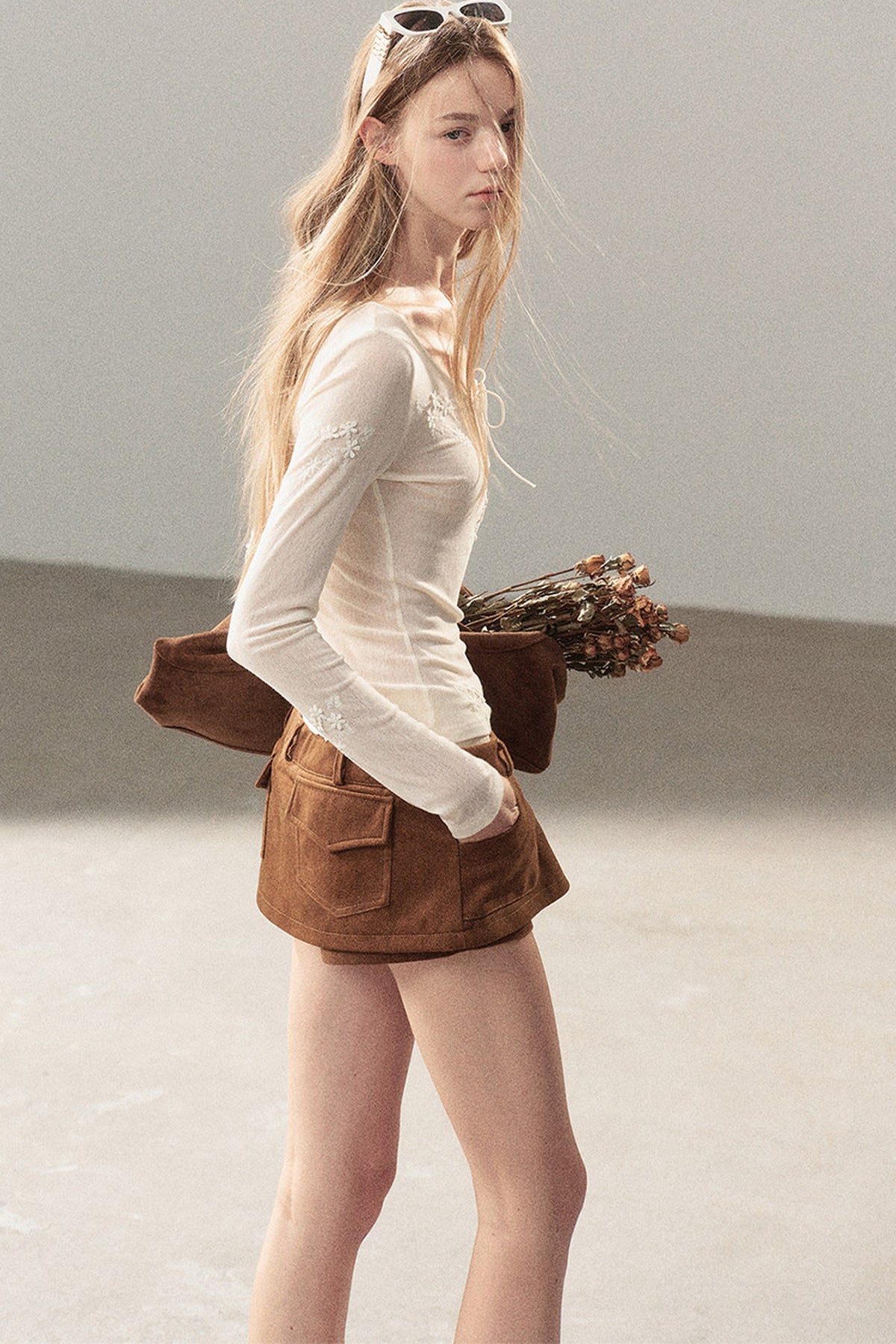 Long-Sleeved Floral Lace-Up T-Shirt