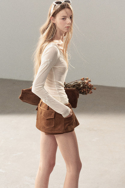 Long-Sleeved Floral Lace-Up T-Shirt