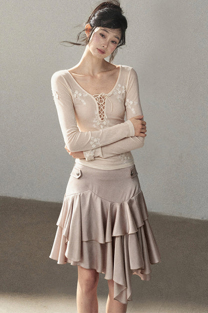 Long-Sleeved Floral Lace-Up T-Shirt