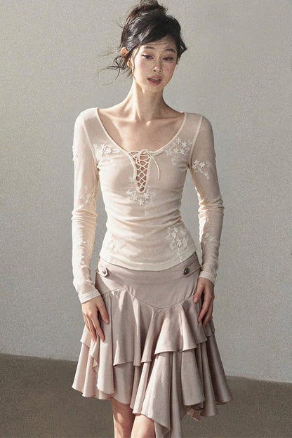 Long-Sleeved Floral Lace-Up T-Shirt