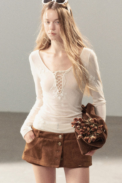 Long-Sleeved Floral Lace-Up T-Shirt