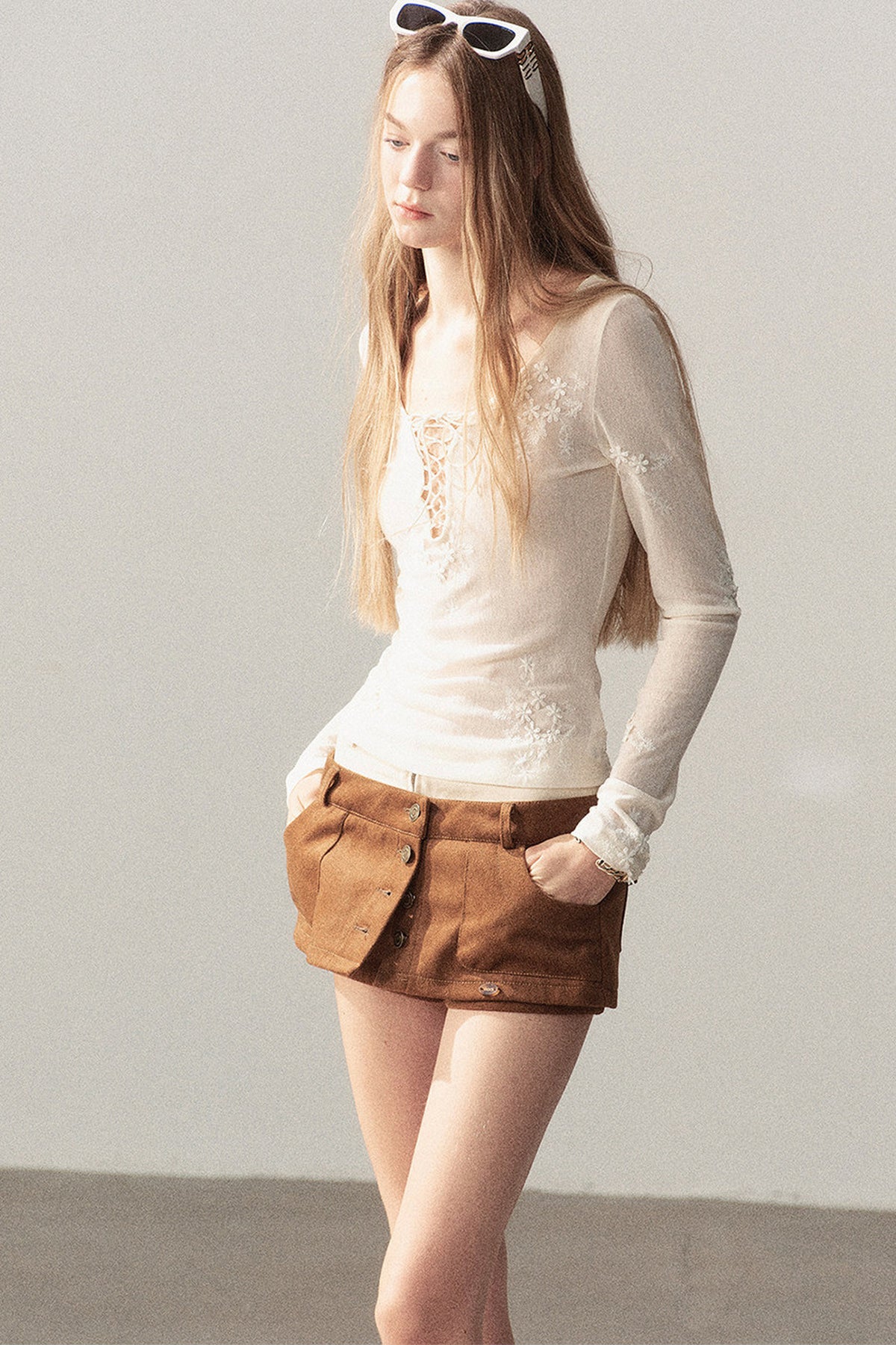 Long-Sleeved Floral Lace-Up T-Shirt