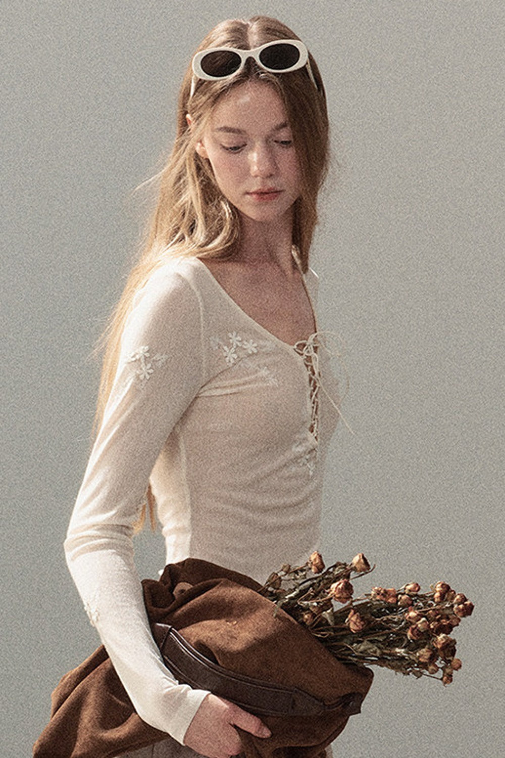 Long-Sleeved Floral Lace-Up T-Shirt