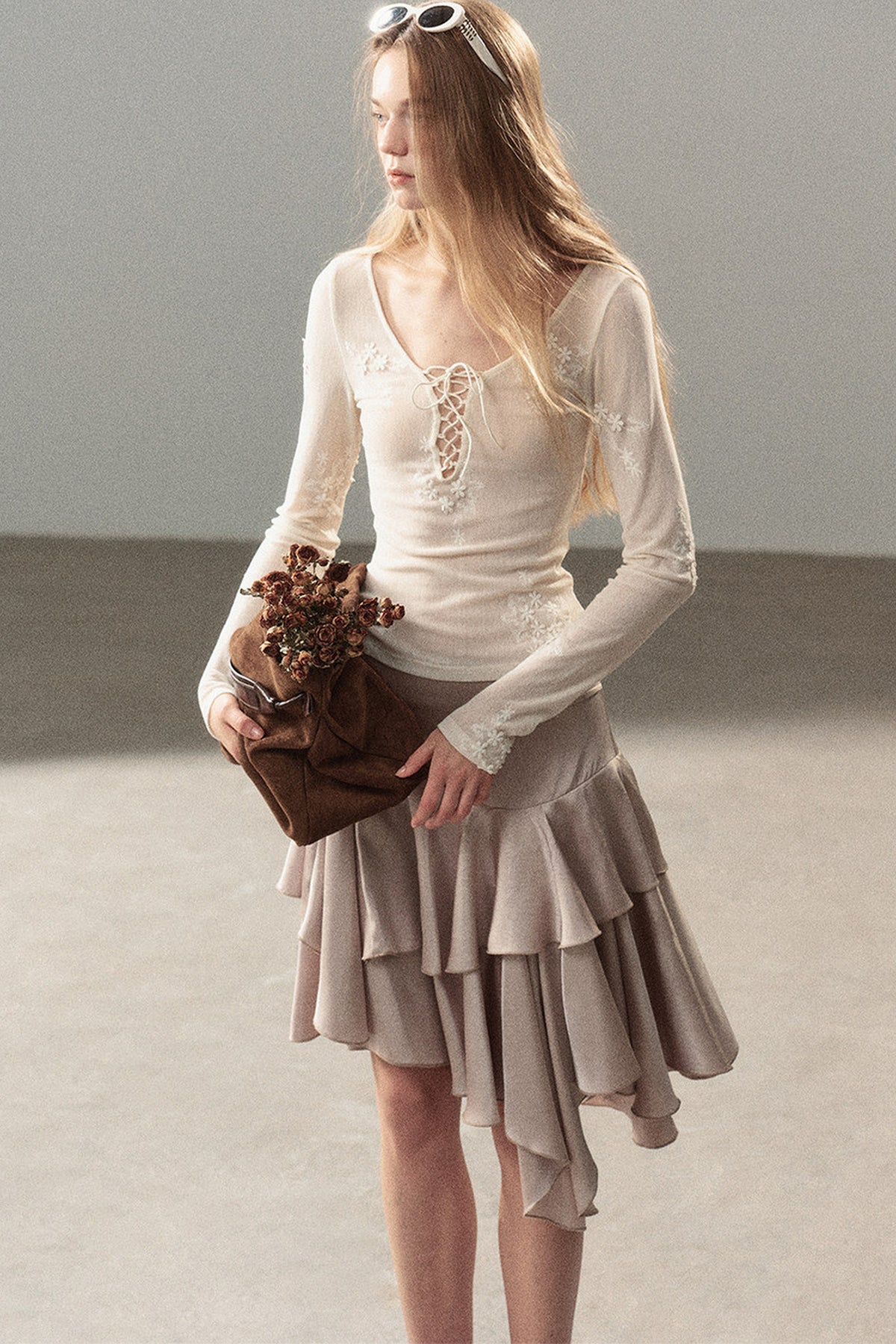 Long-Sleeved Floral Lace-Up T-Shirt
