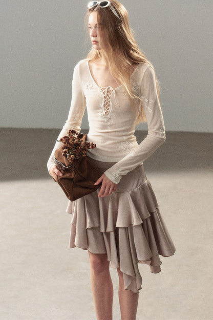 Long-Sleeved Floral Lace-Up T-Shirt