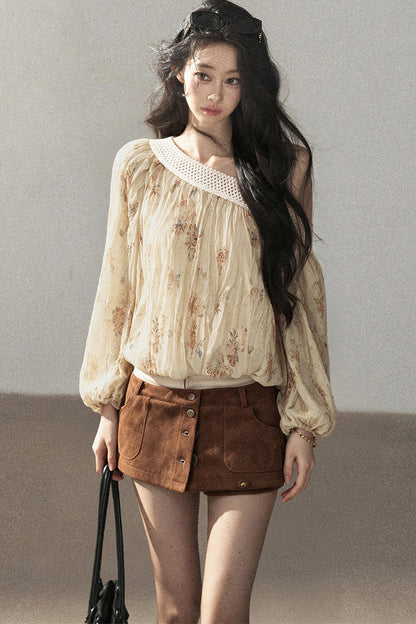 Floral Off-Shoulder Chiffon Cover-Up Blouse
