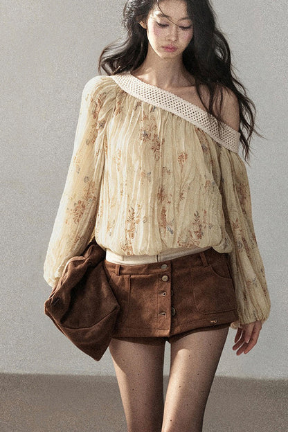 Floral Off-Shoulder Chiffon Cover-Up Blouse