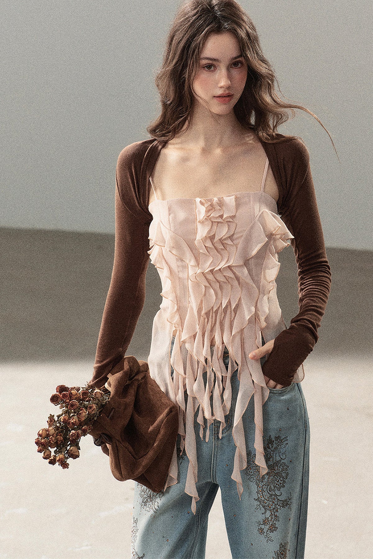 Long-Sleeved Shawl Chiffon Camisole