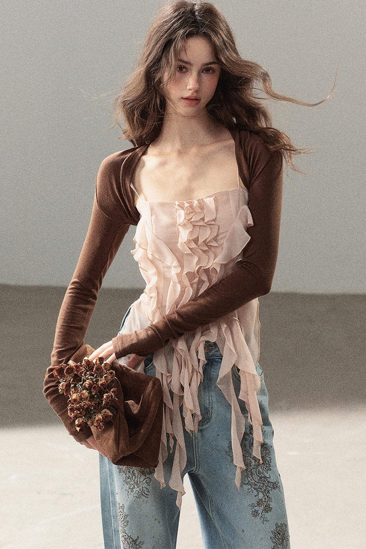 Long-Sleeved Shawl Chiffon Camisole