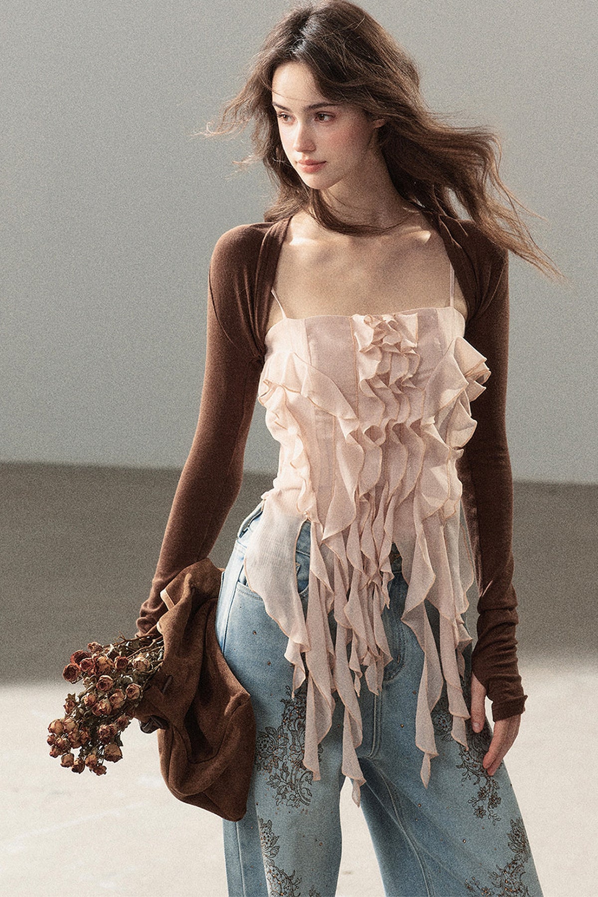 Long-Sleeved Shawl Chiffon Camisole