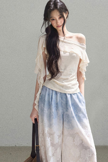 Blue Gradient Wide-Leg Straight Pants