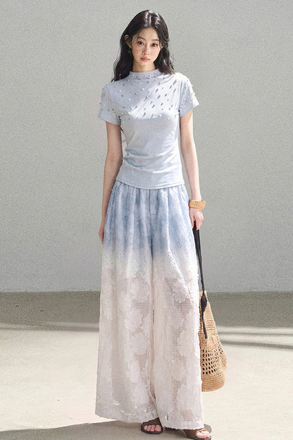 Blue Gradient Wide-Leg Straight Pants