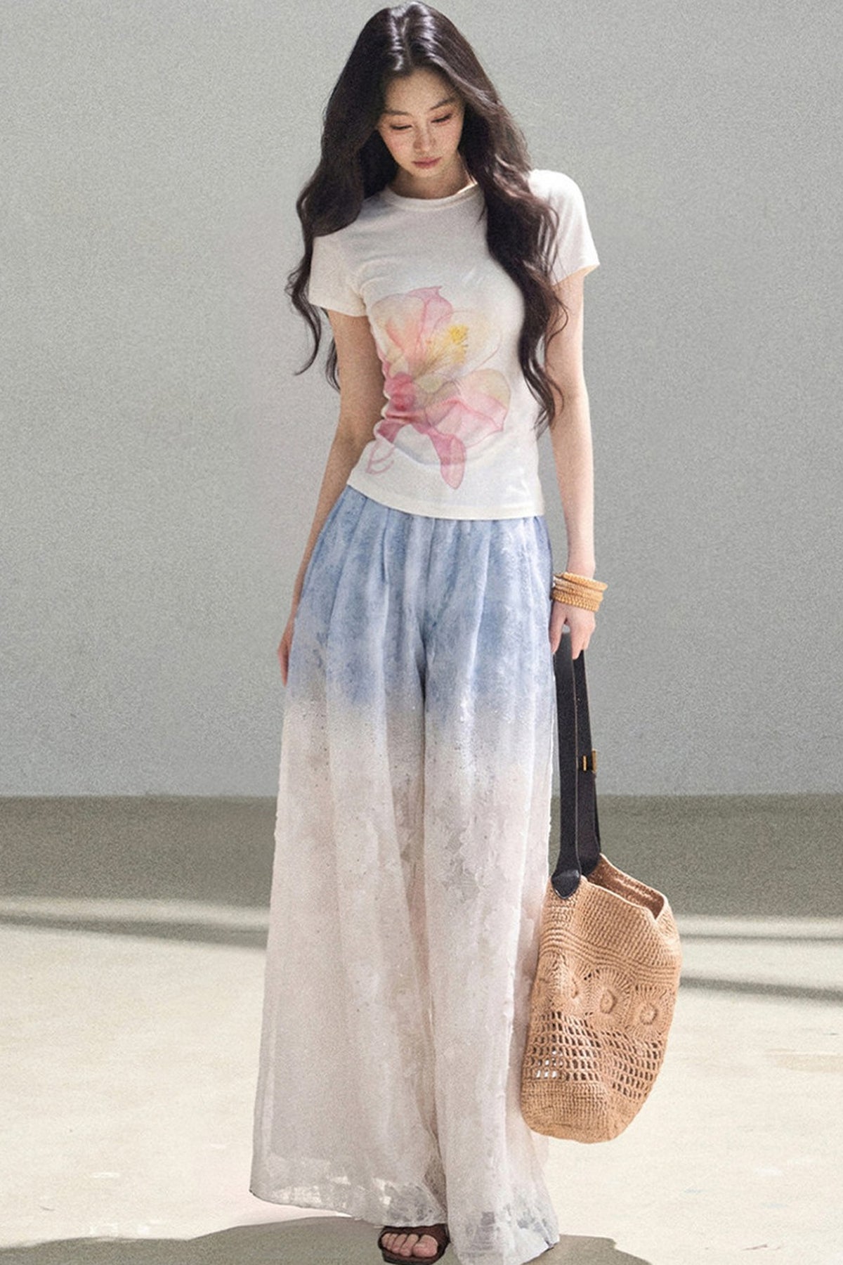 Blue Gradient Wide-Leg Straight Pants