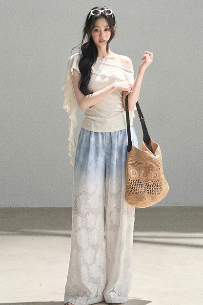 Blue Gradient Wide-Leg Straight Pants