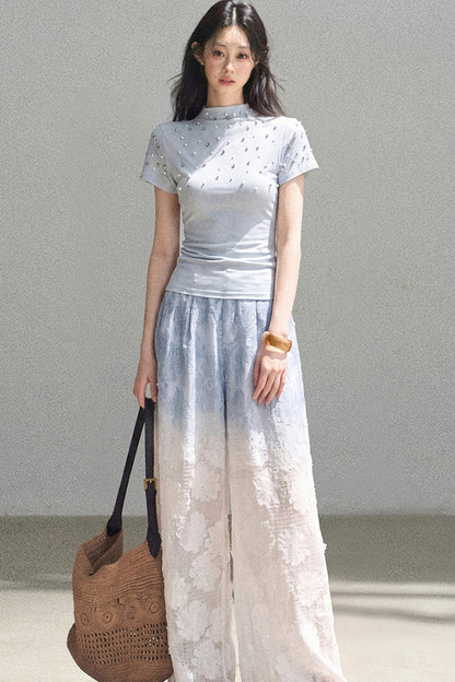 Blue Gradient Wide-Leg Straight Pants