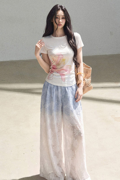 Blue Gradient Wide-Leg Straight Pants
