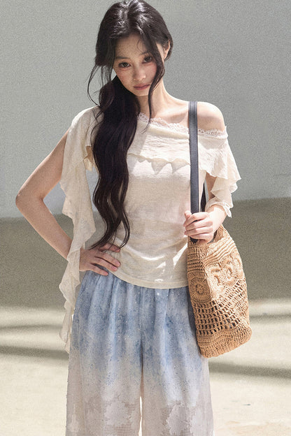 Blue Gradient Wide-Leg Straight Pants
