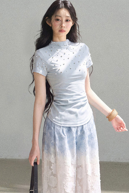 Blue Gradient Wide-Leg Straight Pants