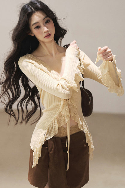 Korean Ruffled Hollow-Out Knit Cardigan