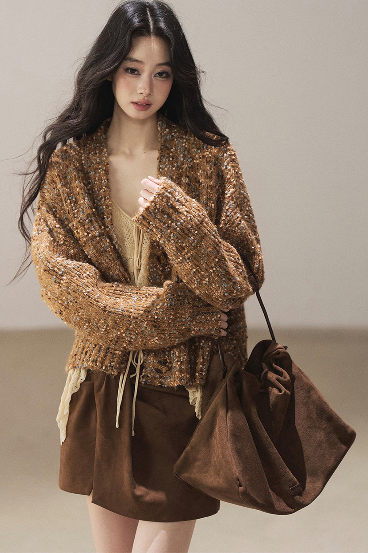 Korean Ruffled Hollow-Out Knit Cardigan