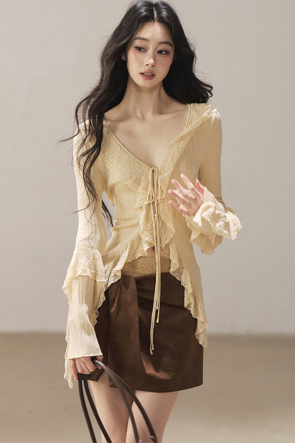 Korean Ruffled Hollow-Out Knit Cardigan