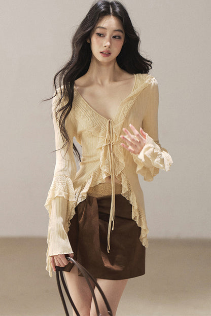 Korean Ruffled Hollow-Out Knit Cardigan