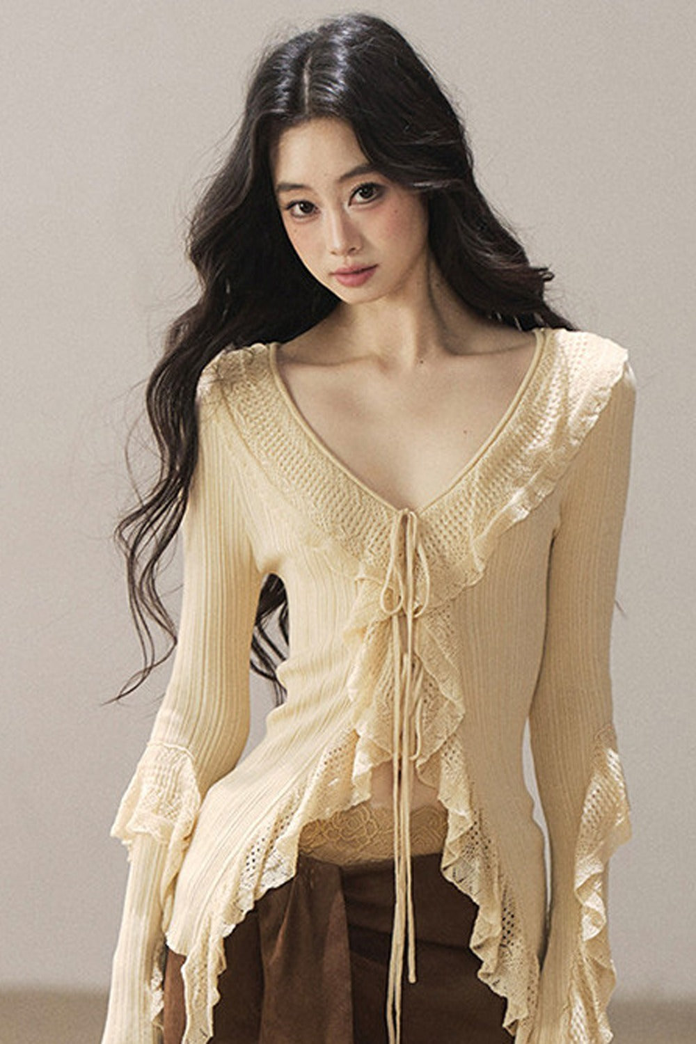 Korean Ruffled Hollow-Out Knit Cardigan