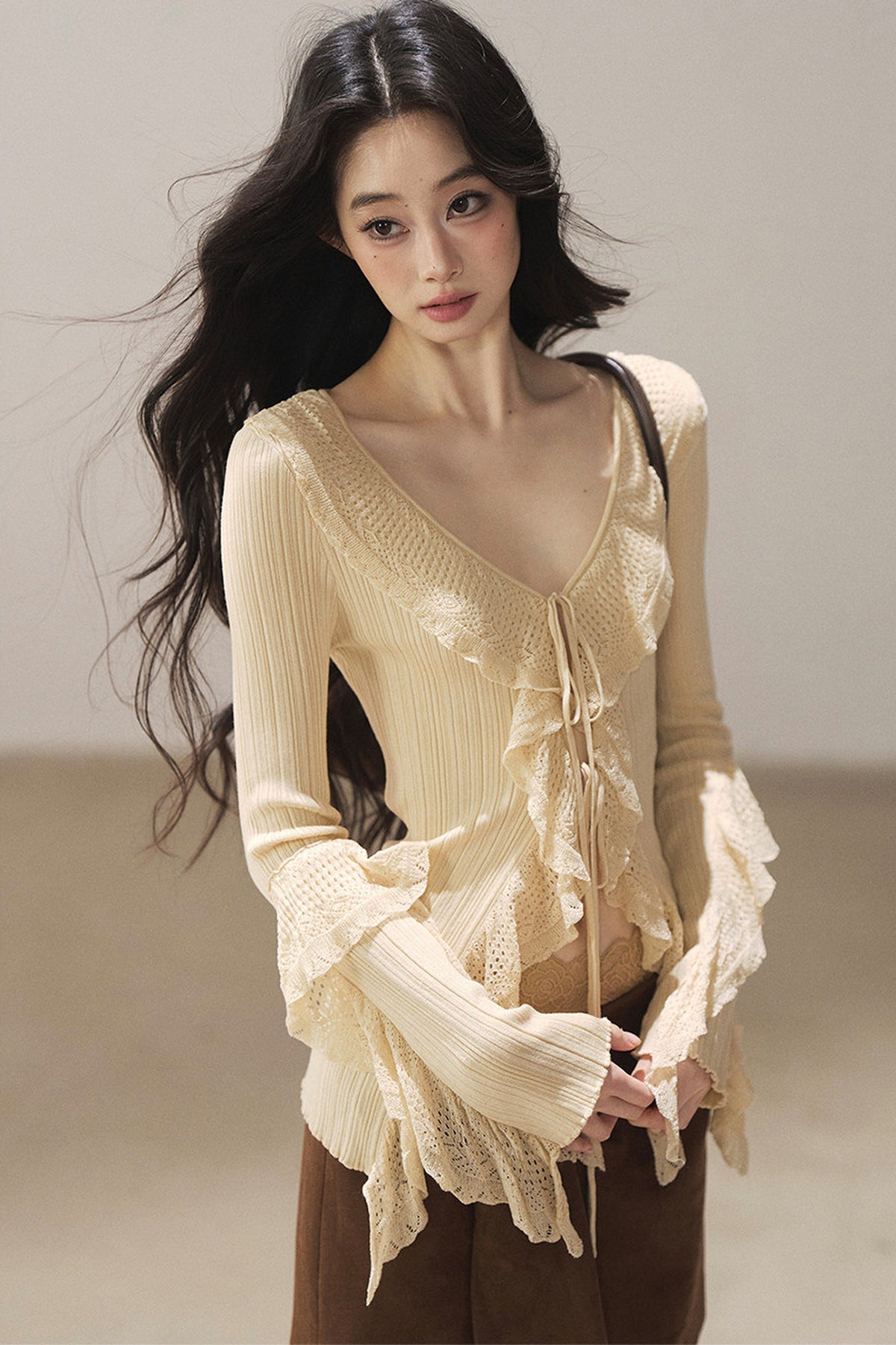 Korean Ruffled Hollow-Out Knit Cardigan
