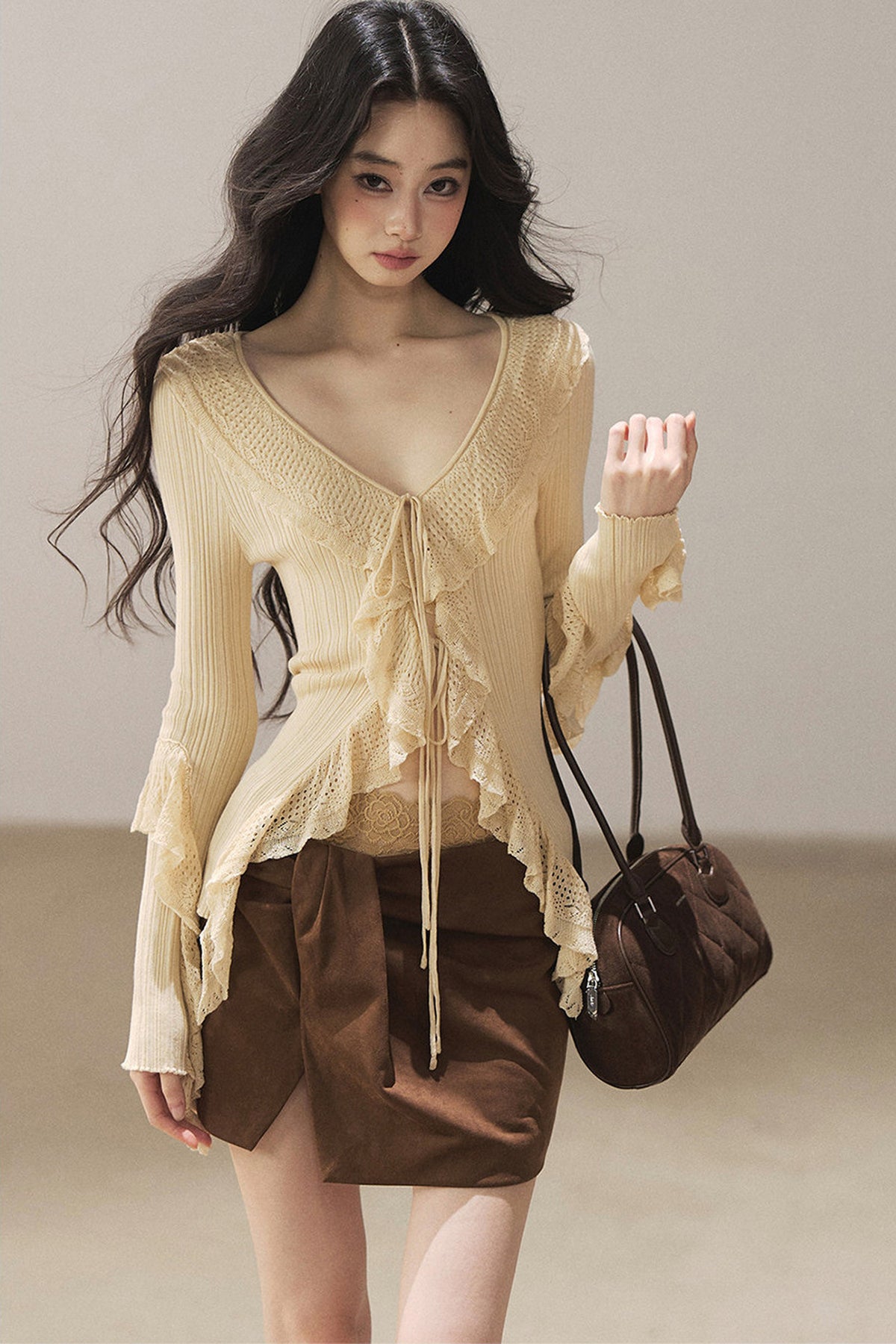 Korean Ruffled Hollow-Out Knit Cardigan