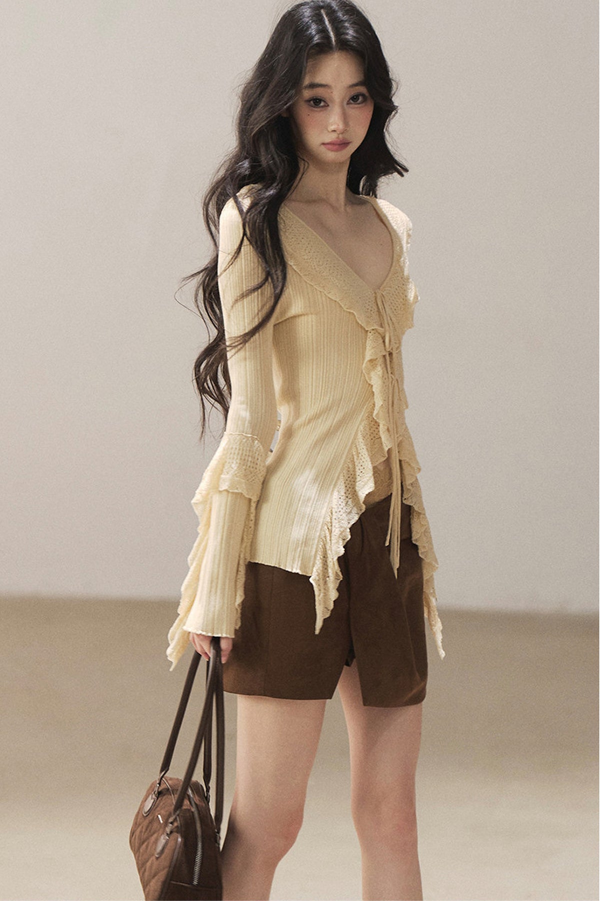 Korean Ruffled Hollow-Out Knit Cardigan