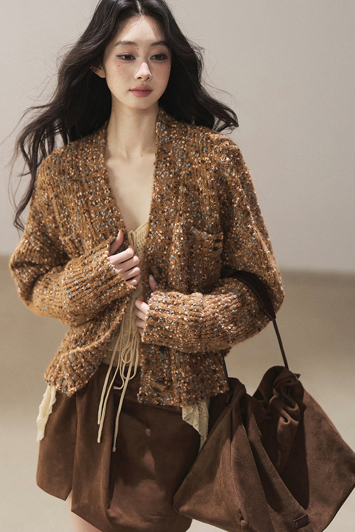 Korean Ruffled Hollow-Out Knit Cardigan