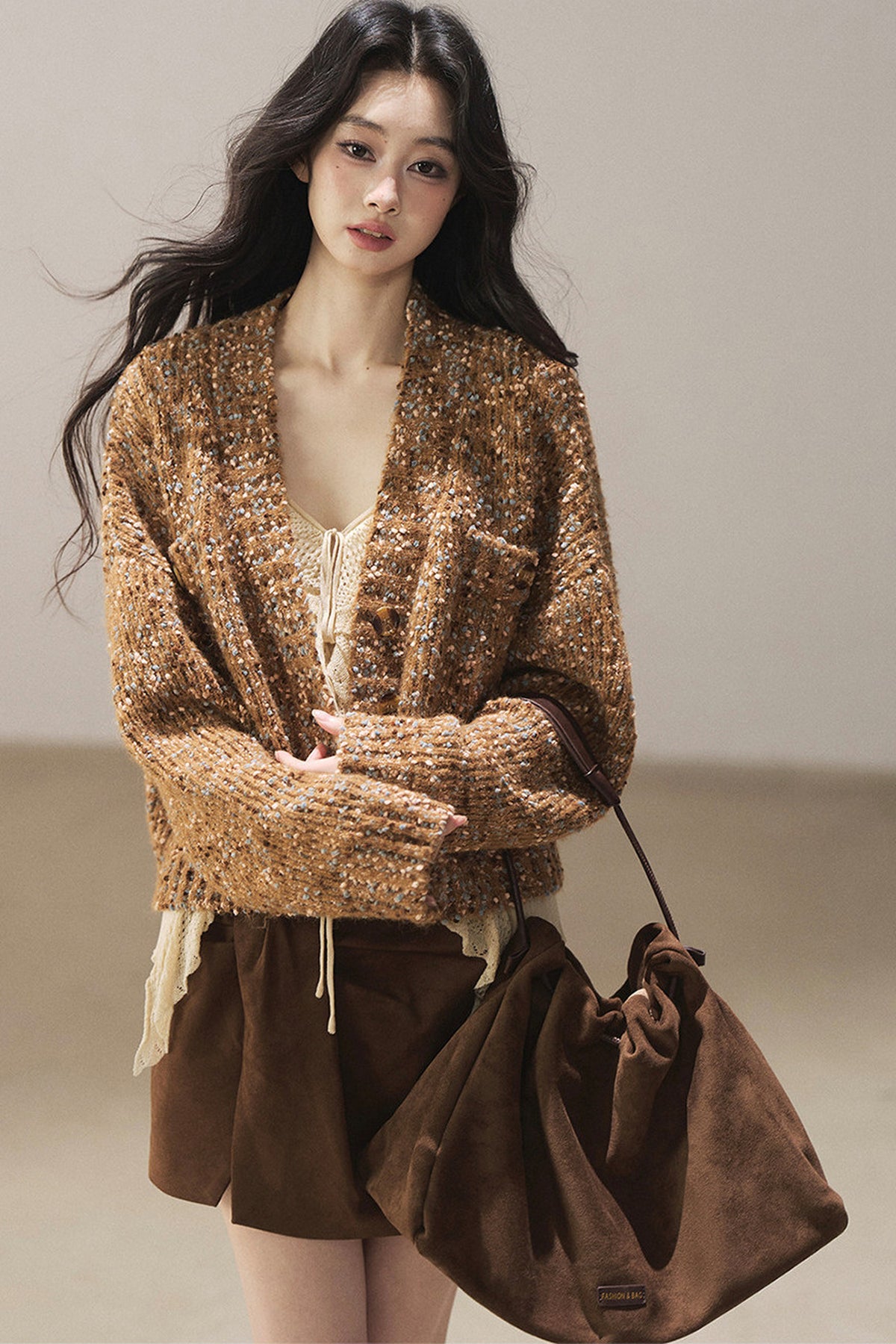 Korean Ruffled Hollow-Out Knit Cardigan