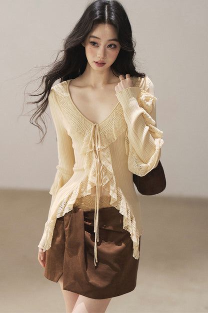 Korean Ruffled Hollow-Out Knit Cardigan