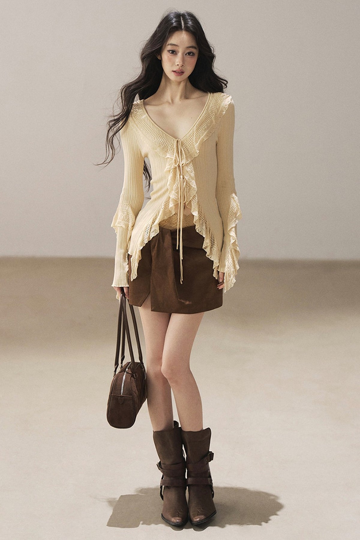 Korean Ruffled Hollow-Out Knit Cardigan
