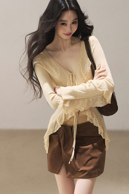 Korean Ruffled Hollow-Out Knit Cardigan