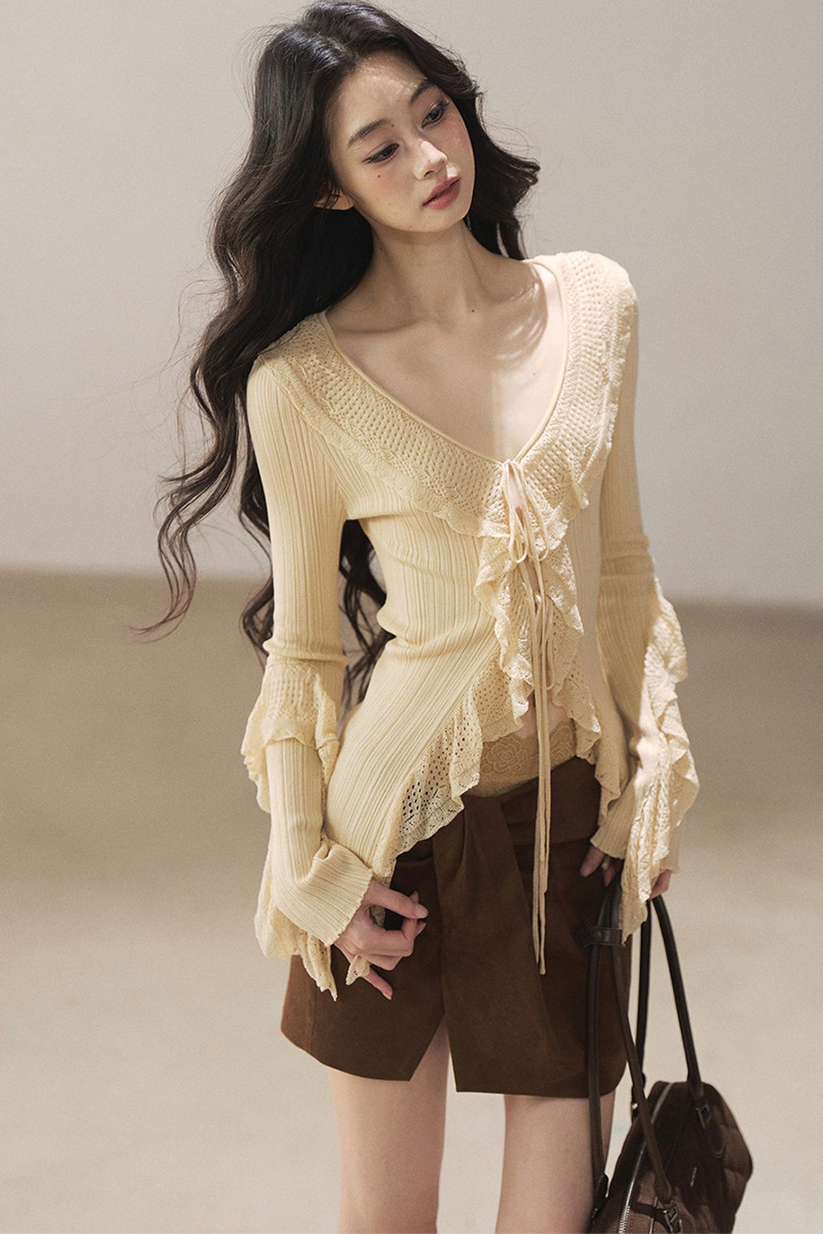 Korean Ruffled Hollow-Out Knit Cardigan