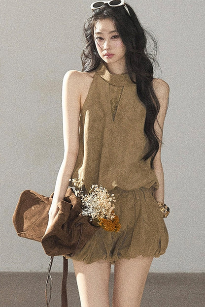 Completo top e shorts in finta pelle scamosciata
