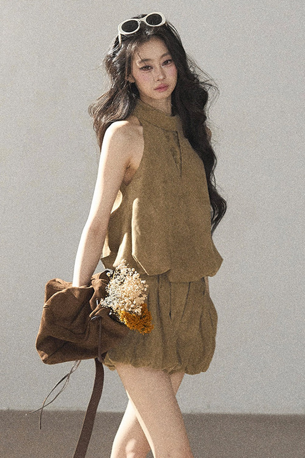 Completo top e shorts in finta pelle scamosciata