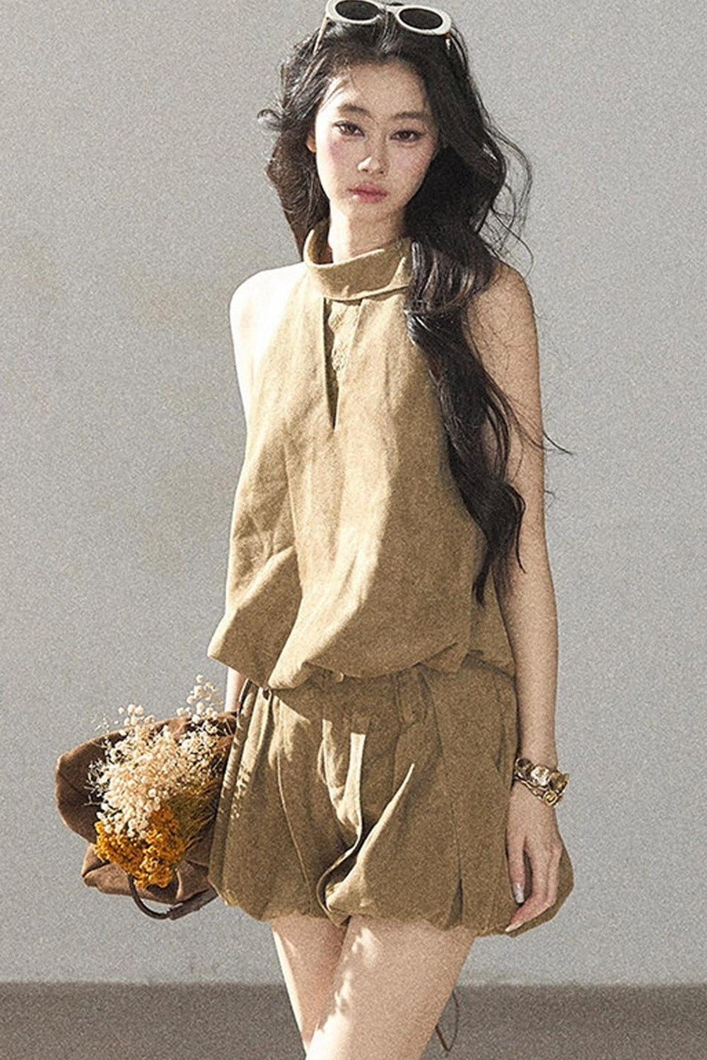 Completo top e shorts in finta pelle scamosciata