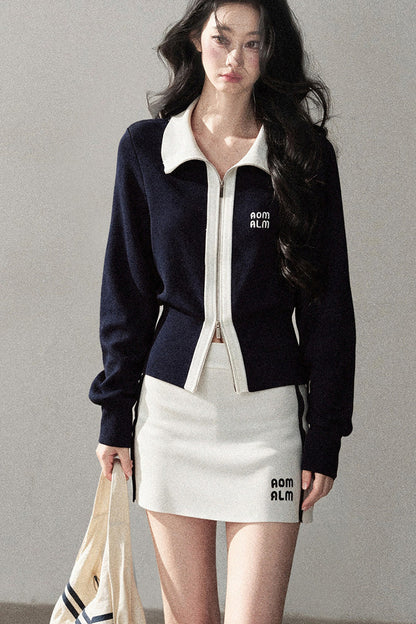 Navy Blue Top and White Short Skirt Set-Up