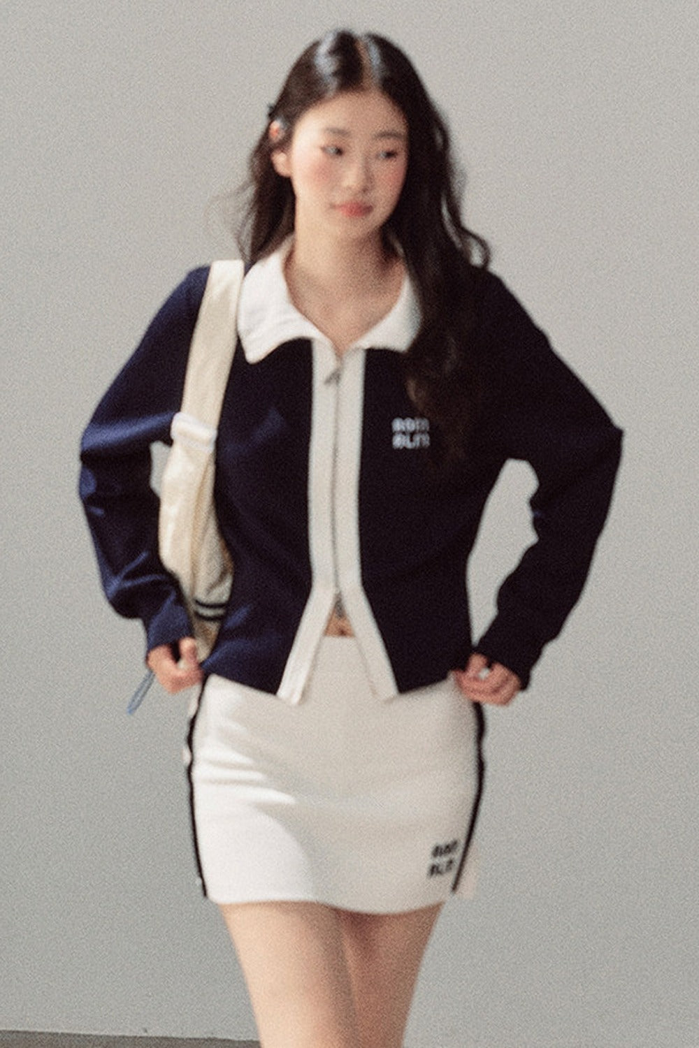 Navy Blue Top and White Short Skirt Set-Up