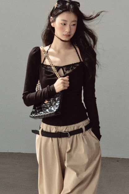 Layered-Look Long-Sleeve Halter Lace T-Shirt
