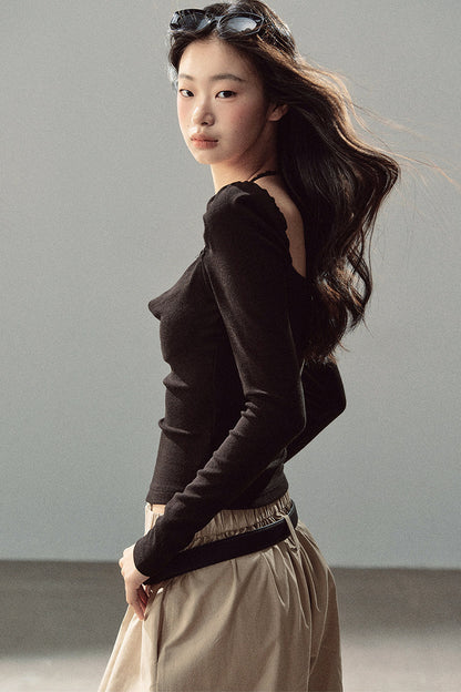 Layered-Look Long-Sleeve Halter Lace T-Shirt