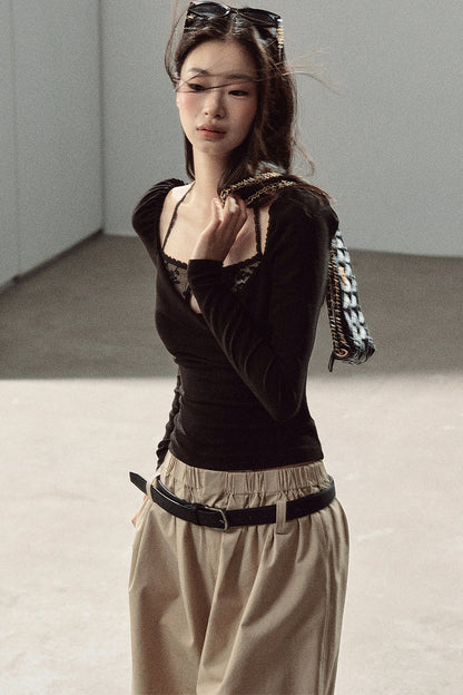 Layered-Look Long-Sleeve Halter Lace T-Shirt