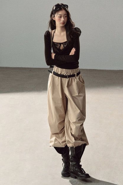 Layered-Look Long-Sleeve Halter Lace T-Shirt