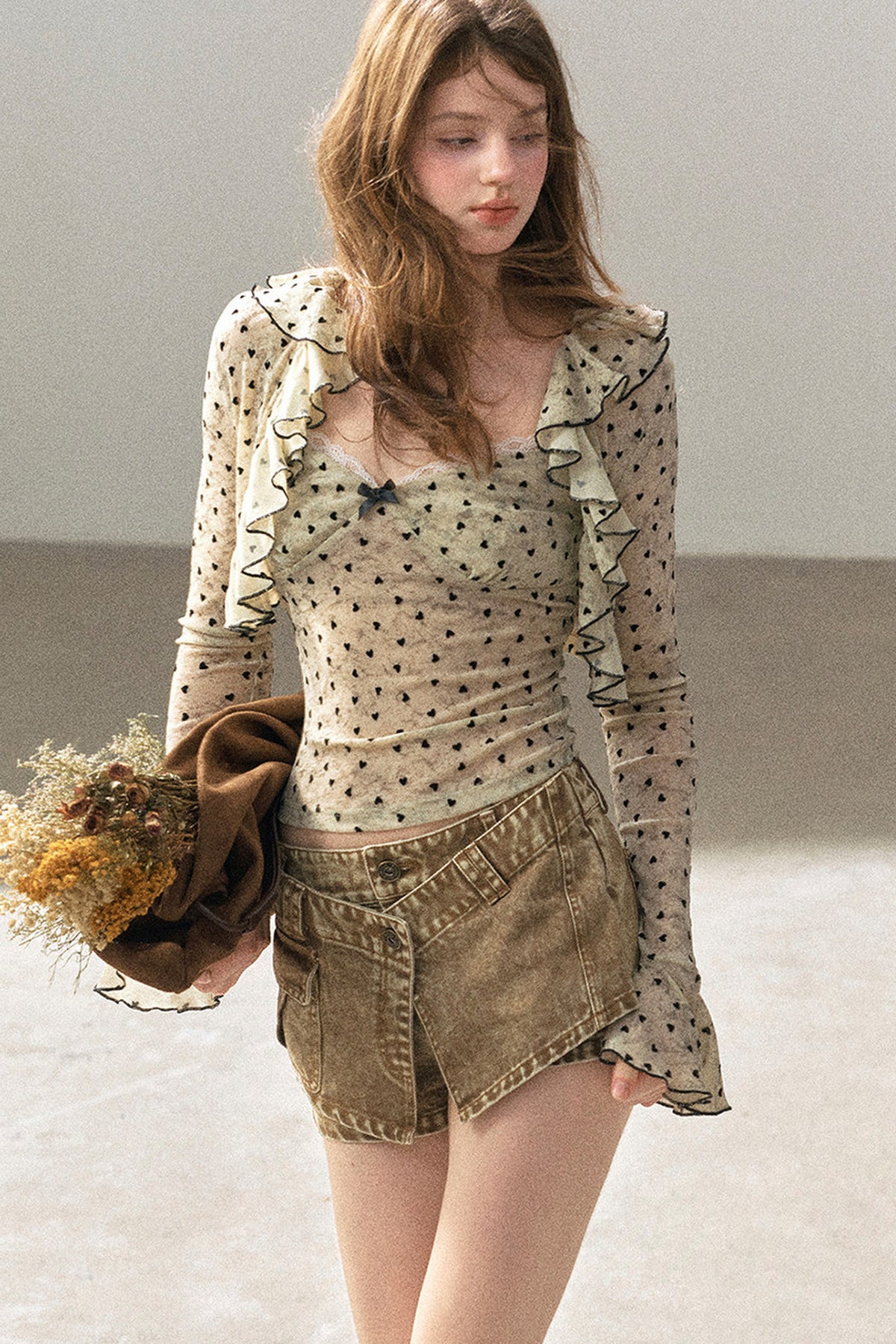Ruffled Polka Dot Camisole And Cardigan Set-Up