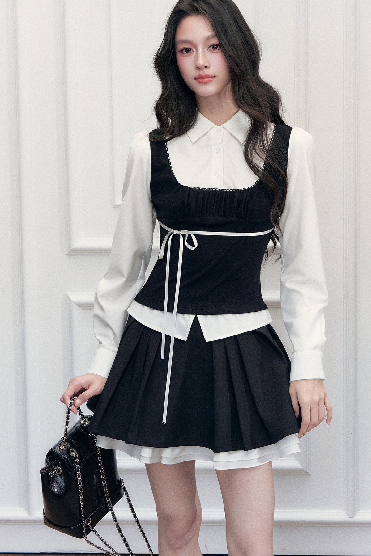 Retro Bow Layered-Look Top and Black Short Skirt Set-Up